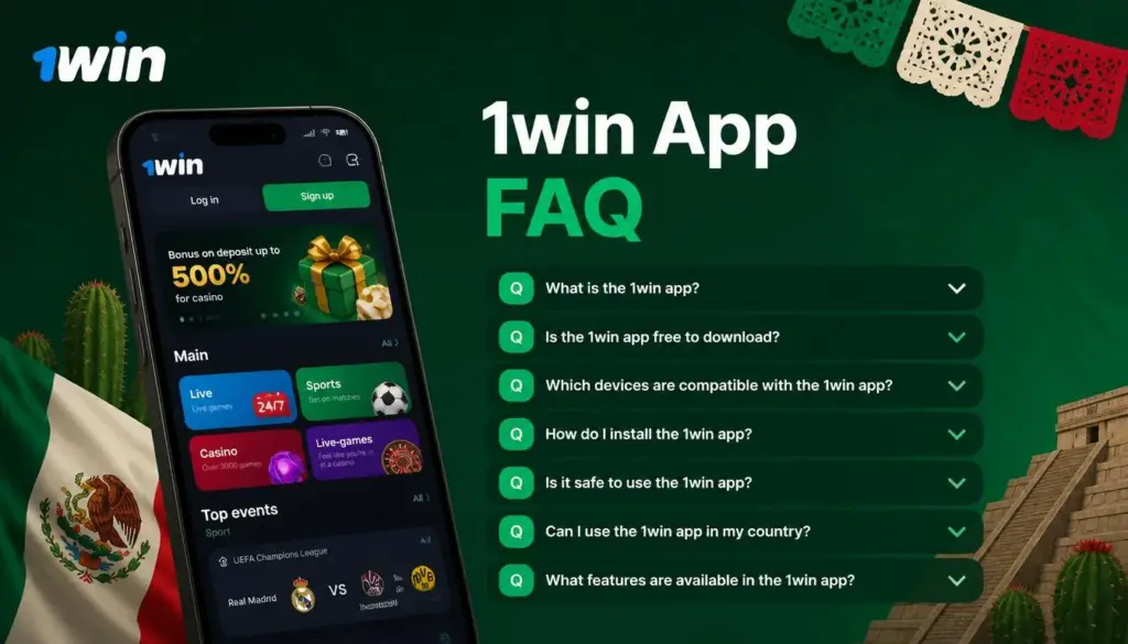 Ilustración de aplicación móvil de 1win para México: faq
