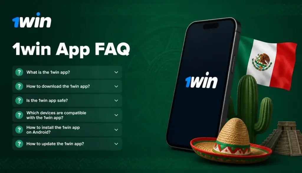 Ilustración de aplicación móvil de 1win para México: faq
